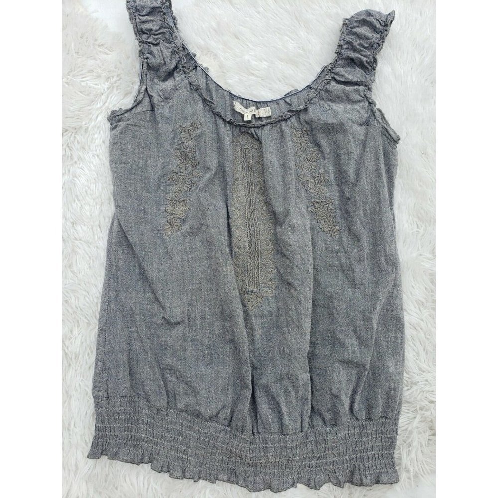 Embroidered Top Blue Large Dainty Bohemian Tank Elastic Trim Sleeveless